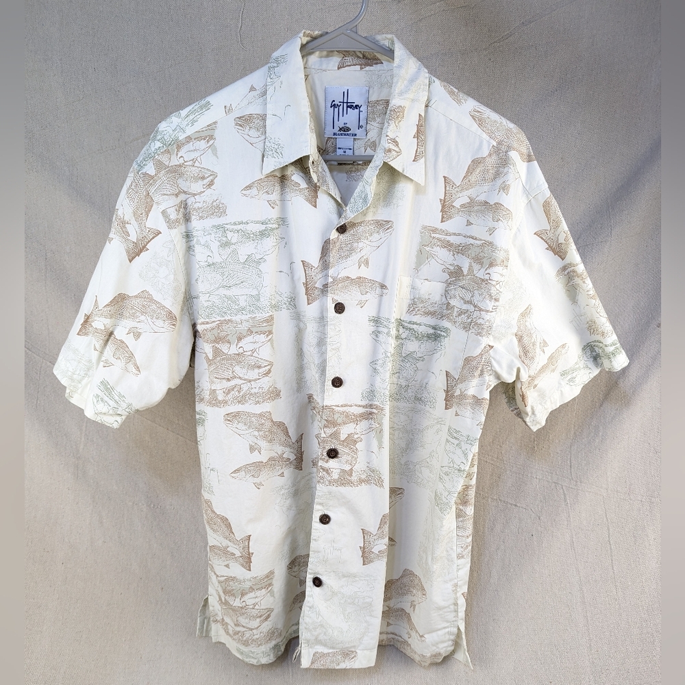 VINTAGE Guy Harvey Dad Shirt Hawaiian Fishing Theme Button Down LARGE